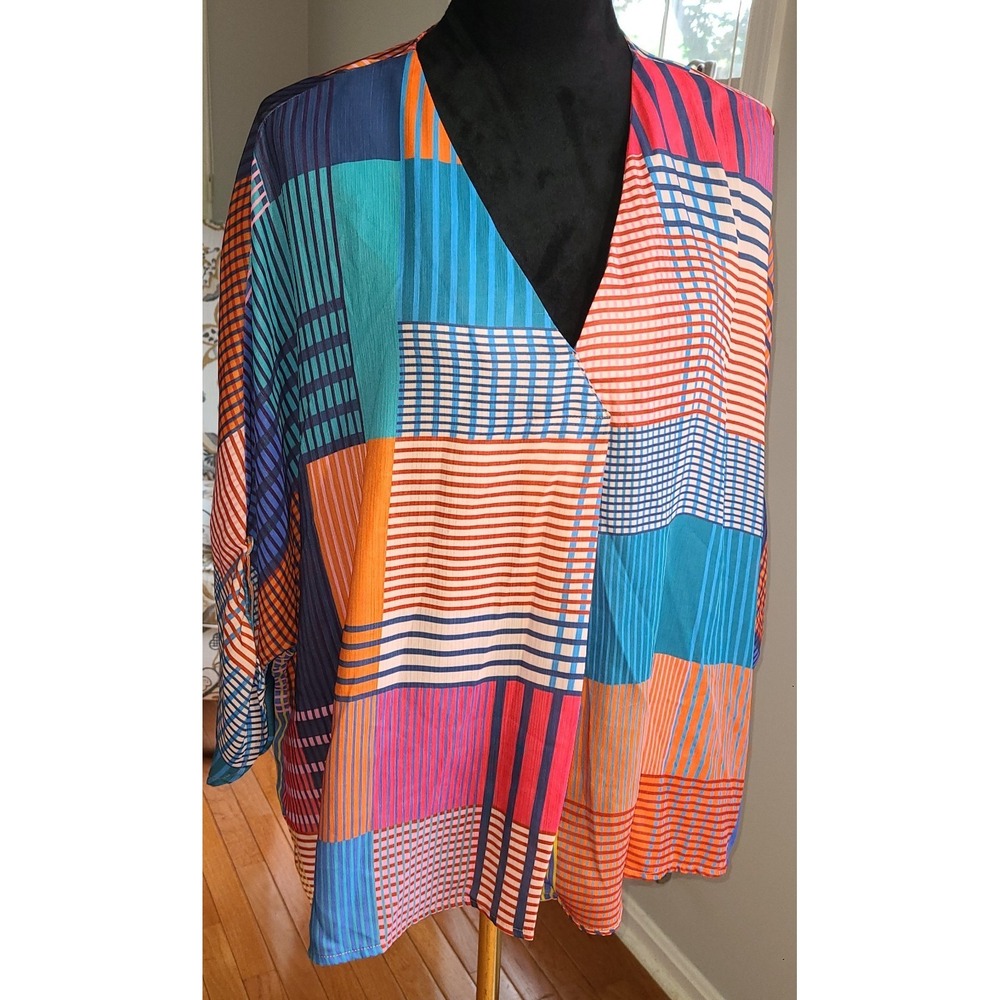 Umgee Top Womens Short Sleeveless Multicolor Patchwork Flowy Large